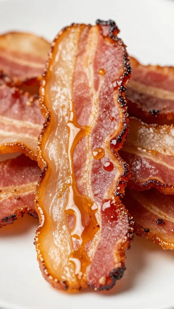 Closeup of caramelized maple glaze on crispy bacon strip on plate