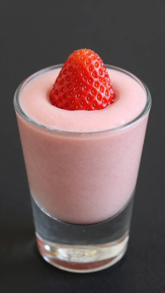 closeup of a single mini strawberry cheesecake smoothie shot glass