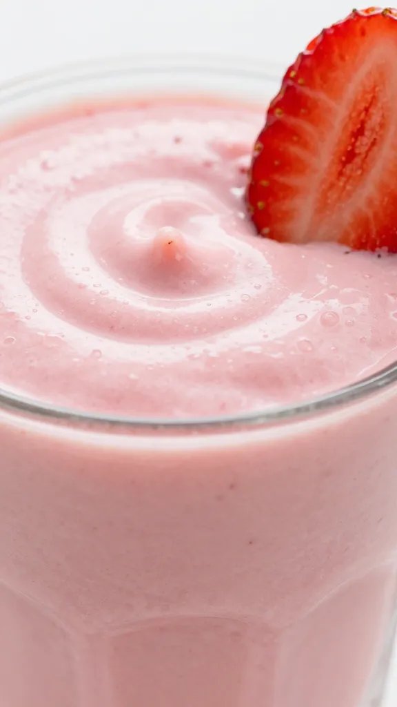macro shot of glossy pink smoothie shot with strawberry garnish