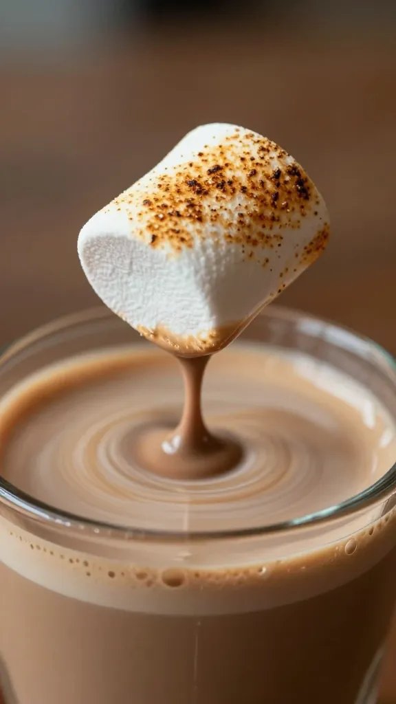 Closeup: toasted marshmallow hovering over glossy mocha latte
