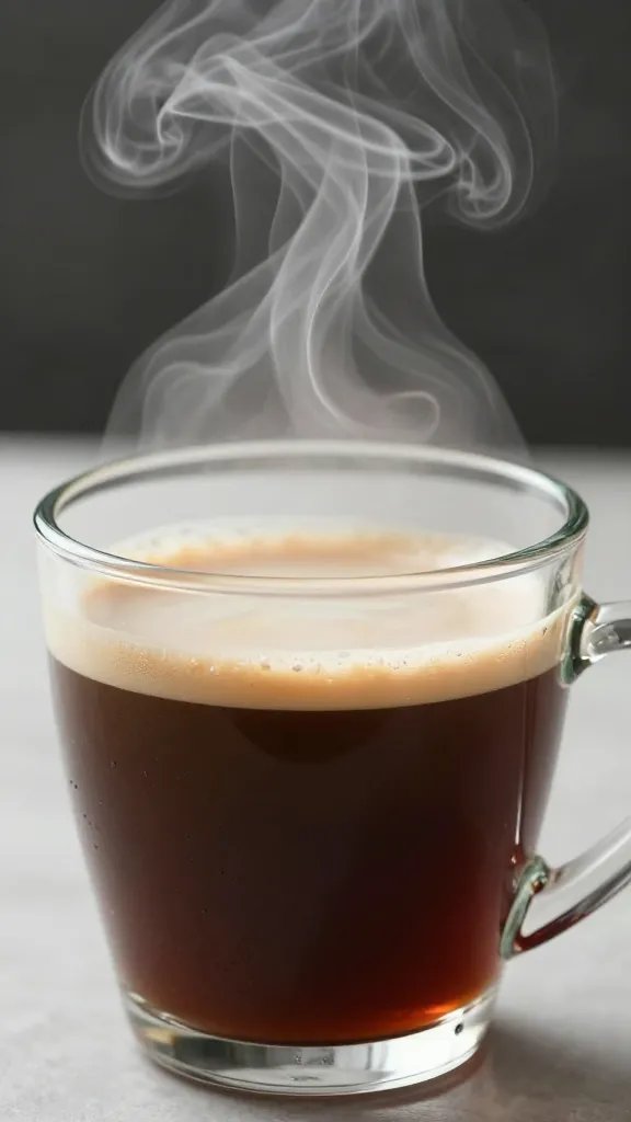Closeup: steam curling above espresso layers in glass mug