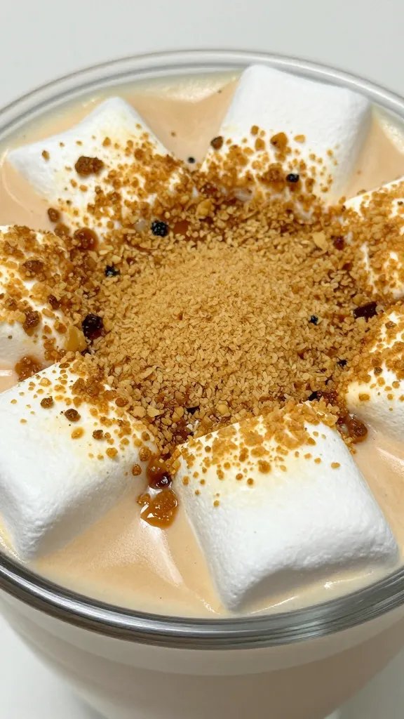 Closeup: caramelized marshmallow crust on latte surface in clear cup