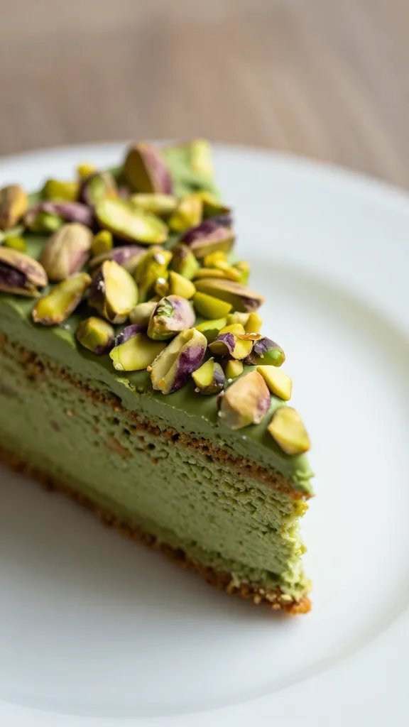 Closeup of pistachio almond cake slice on white plate, soft natural light