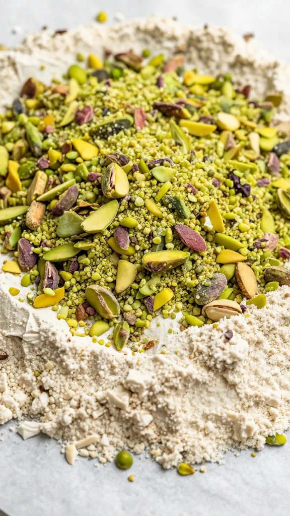 Closeup of pistachio crumbs and almond flour texture on parchment