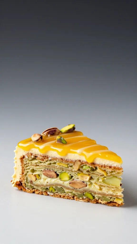 Portrait of a single pistachio almond cake slice with citrus glaze drizzle, studio backdrop