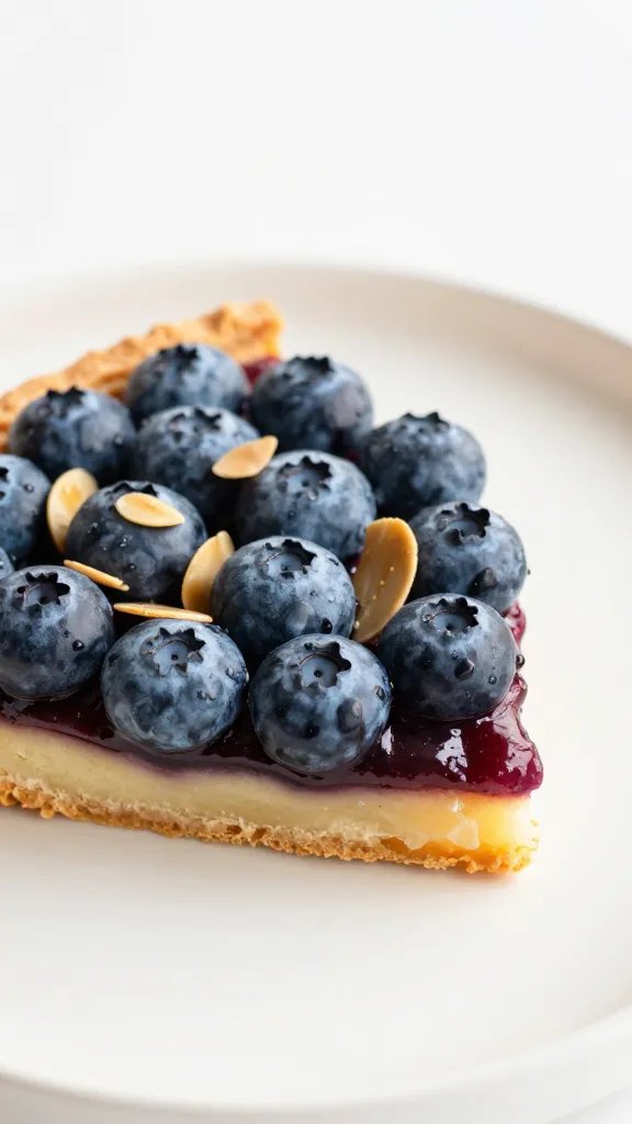 Closeup of blueberry almond tart slice on ivory plate
