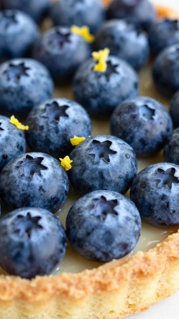 Closeup of fresh blueberries with lemon zest atop tart crust