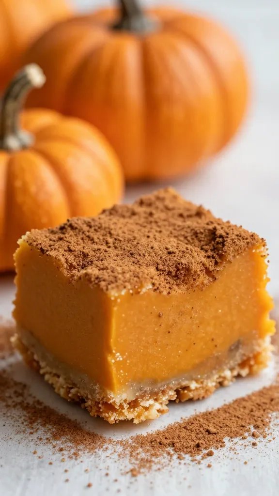 Macro shot of one pumpkin bar bite with cinnamon dusting