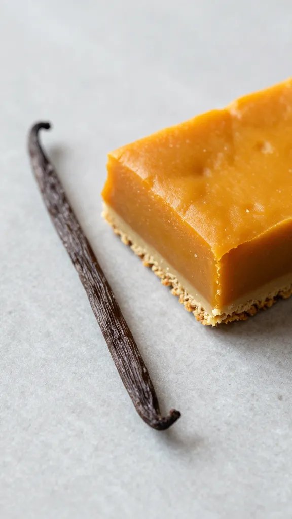 Focused shot of a lone vanilla bean beside a pumpkin bar square