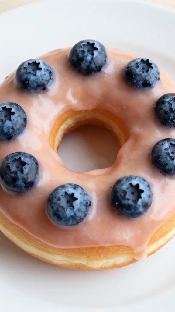Closeup of blueberry glazed donut on white plate