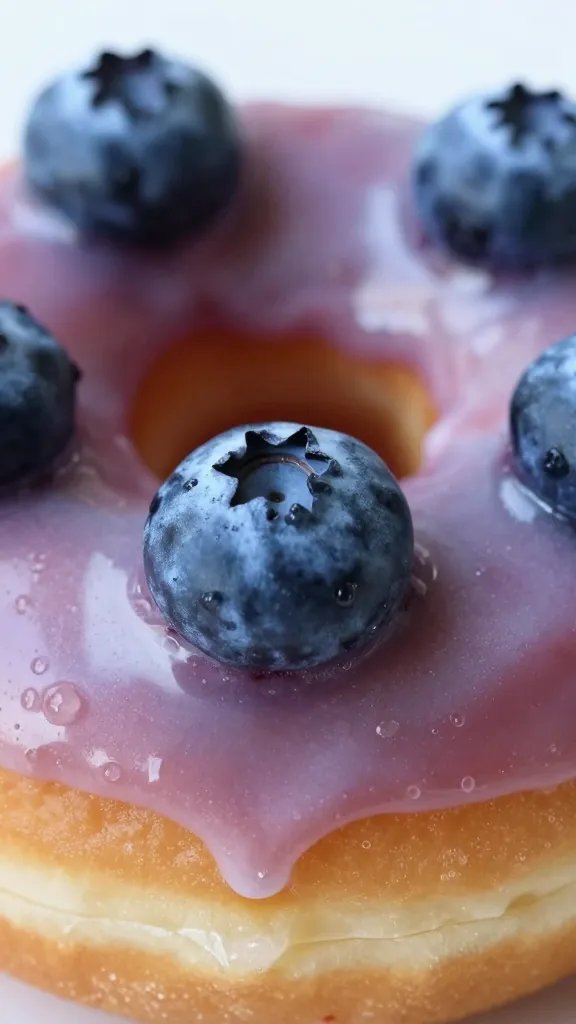 Macro shot: glaze dripping from blueberry donut