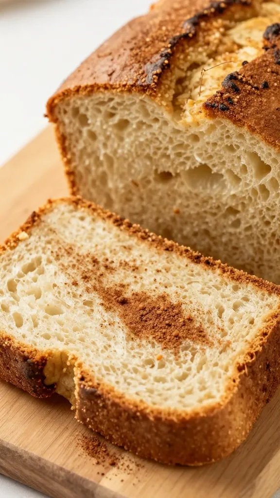 closeup of a spiced pear bread slice with cinnamon dust on a wooden board