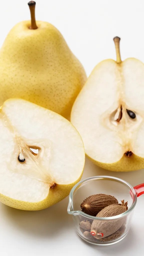 closeup of ripe pear halves beside a measuring cup of nutmeg