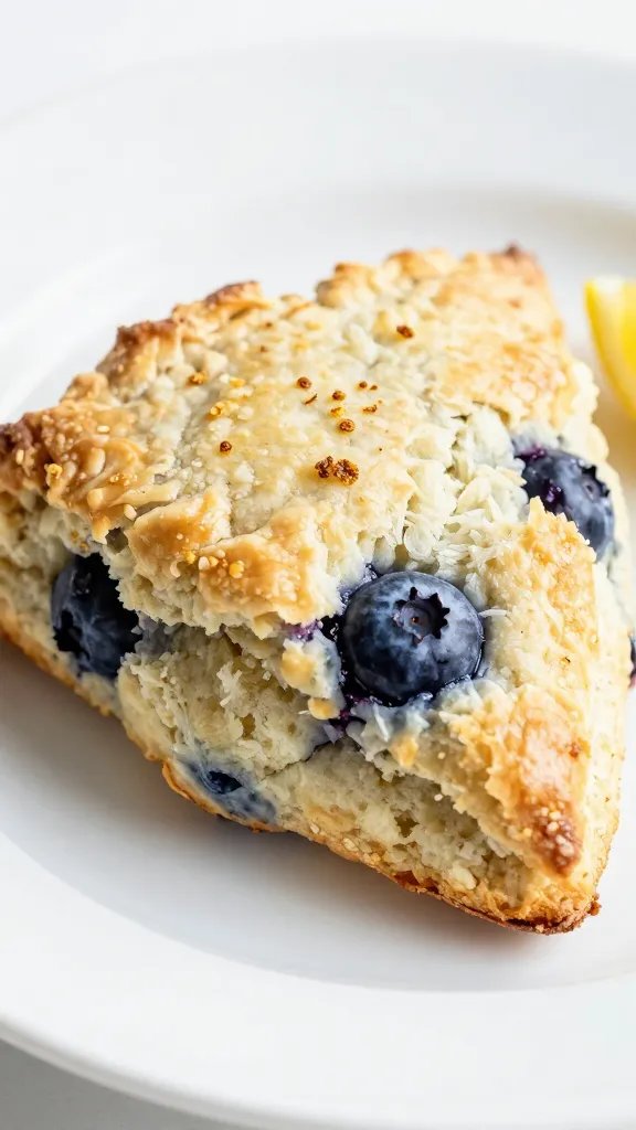 Closeup lemon blueberry scone on white plate, flaky crumb, zest visible