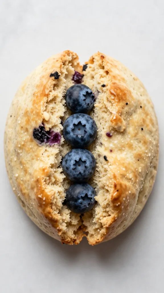 Top-down closeup of single scone split, blueberries peeking, soft interior crumb
