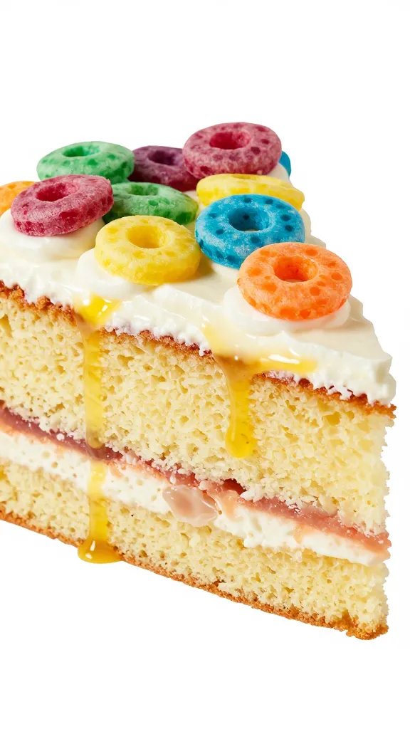 Closeup of a single Froot Loops cake slice with vivid frosting drizzle