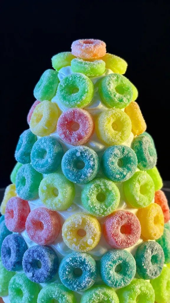 Closeup of a single frosted Froot Loops cake tier with bright neon lighting