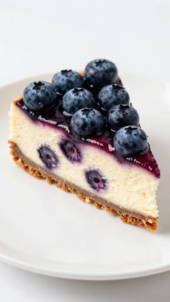 Closeup of blueberry swirl cheesecake slice on glossy white plate