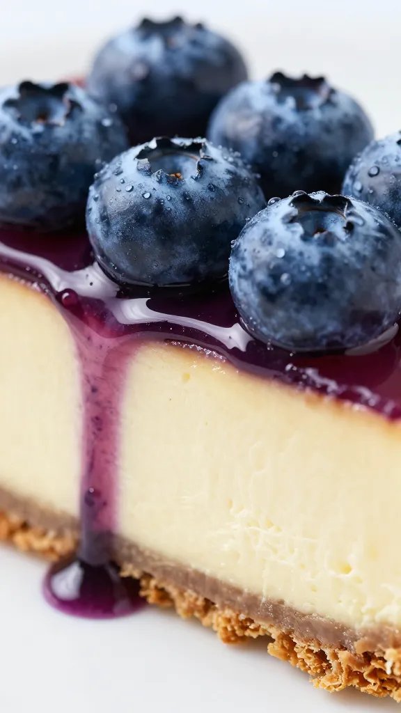 Closeup of glossy blueberry swirl ribbon inside cheesecake cross-section