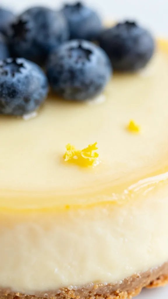 Closeup of cheesecake crust detail with tangy lemon zest garnish and blue berry topping blur