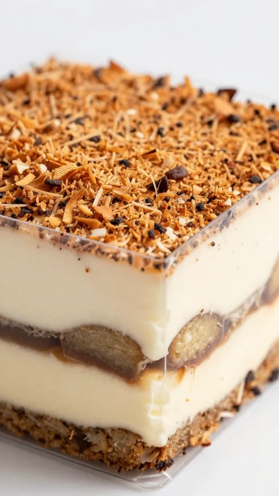 Closeup: coconut tiramisu slice with toasted coconut on top