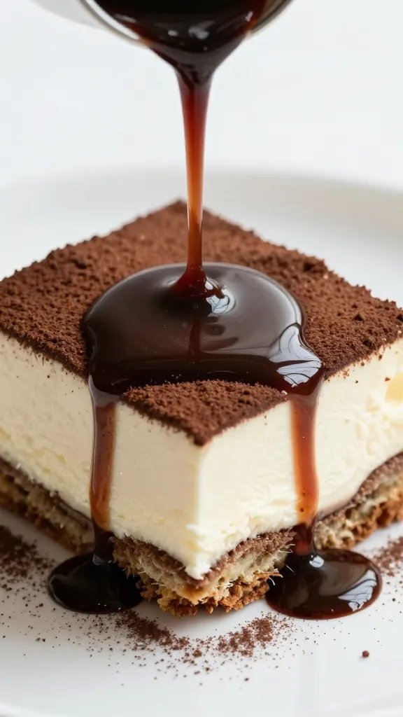 Closeup: espresso drizzle over coconut tiramisu shard on plate