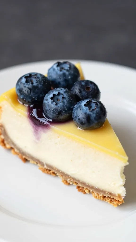 Closeup of lemon-blueberry cheesecake cake slice on white plate