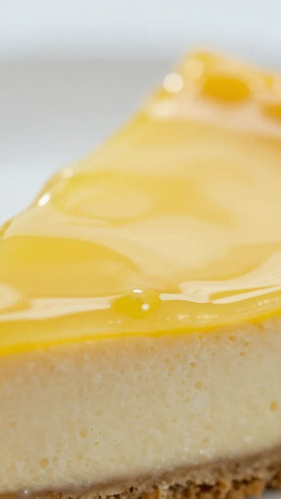 Macro shot of glossy lemon glaze atop cheesecake layer