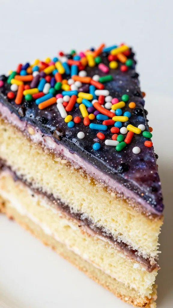 closeup of a Galactic Confetti Cake slice with rainbow sprinkles
