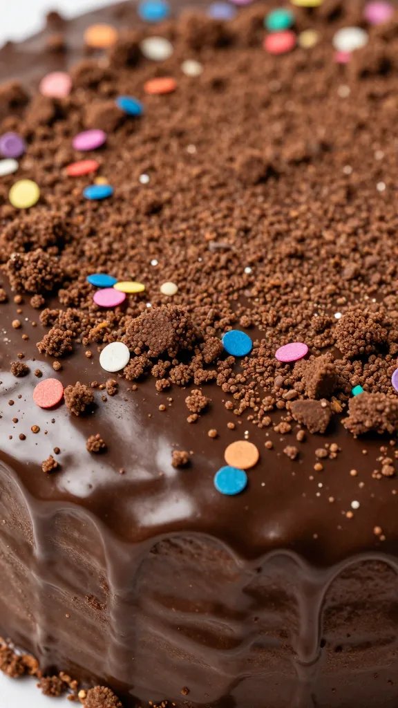 closeup of glossy chocolate vanilla cake crumb with colorful confetti