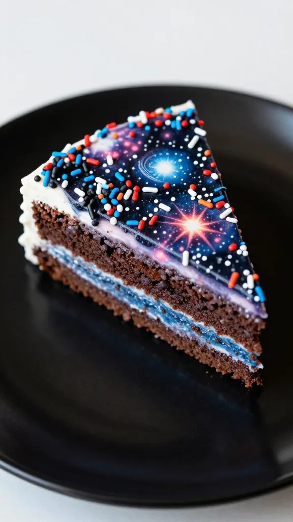 closeup of a single cake slice on a reflective black plate, cosmos-inspired sprinkles