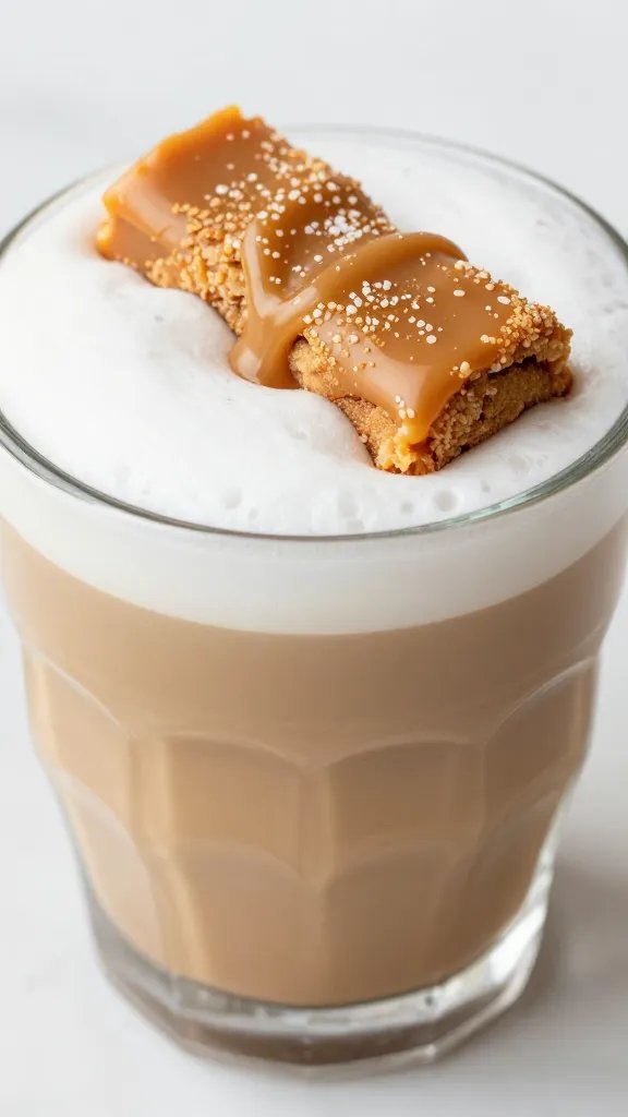 Closeup of a salted caramel snickerdoodle latte glass