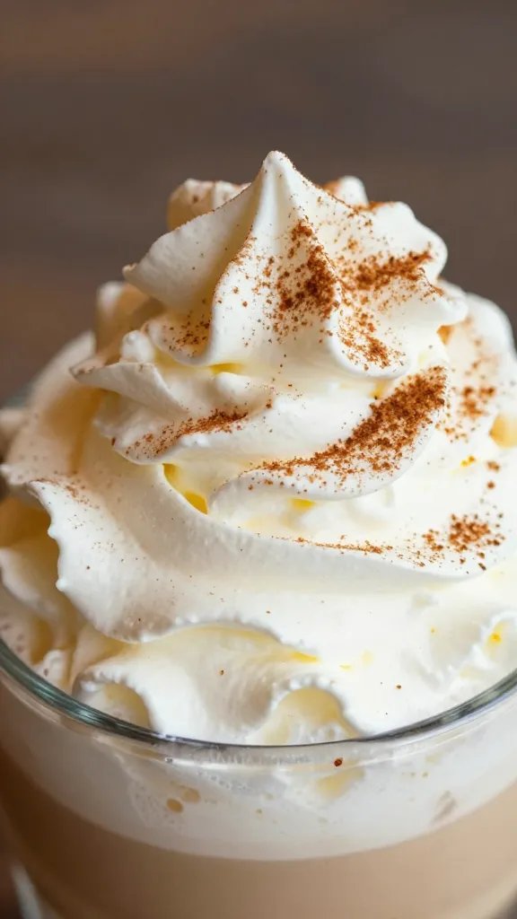 Closeup of whipped cream topping on latte with cinnamon dust