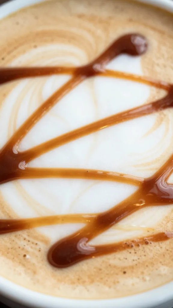 Closeup of glossy caramel drizzle on latte surface