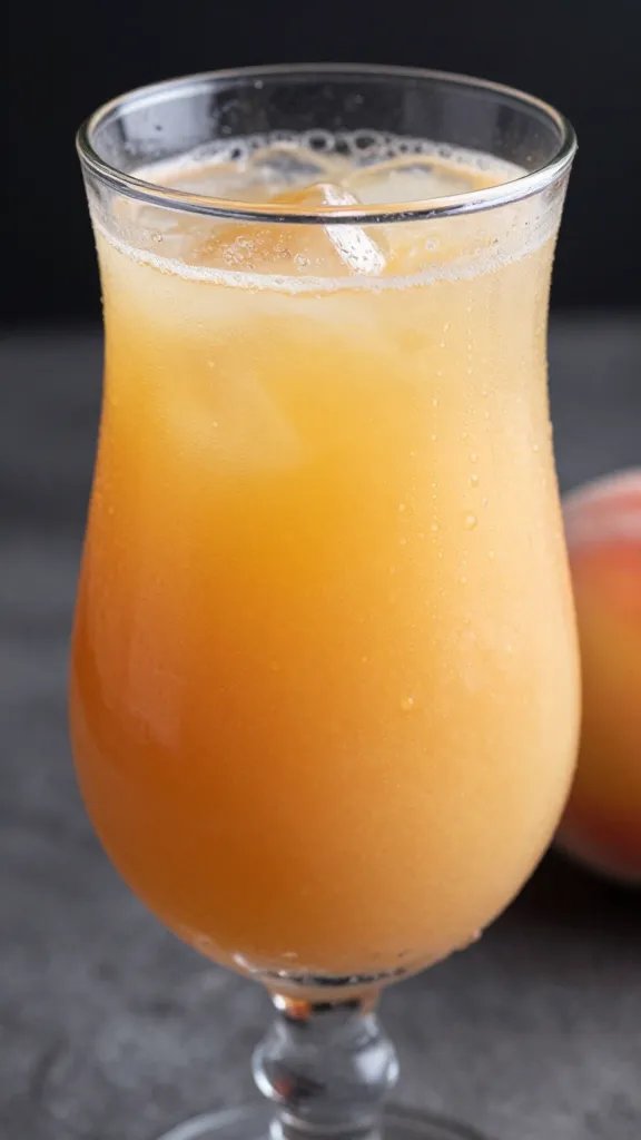 Close-up of a peach vanilla mocktail glass with condensation on the rim