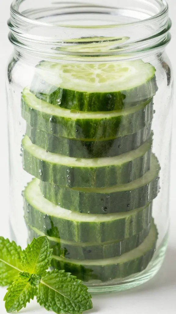 Closeup of cucumber slices stacked in a glass jar, mint sprig beside