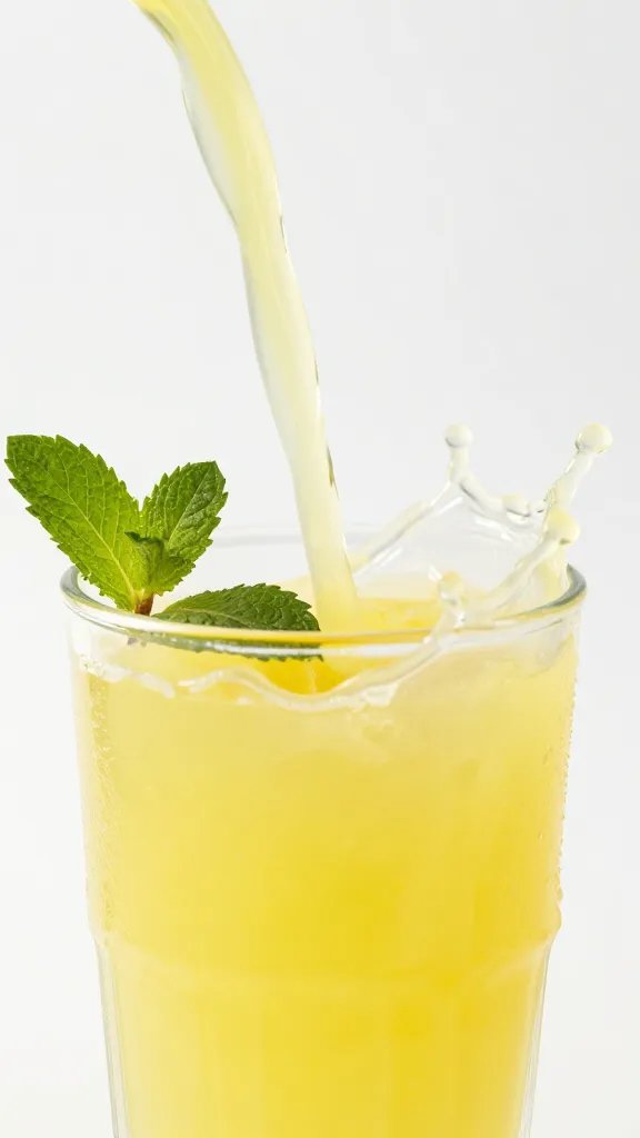 Closeup of a lemon juice splash mid-pour into a glass, mint leaf garnish