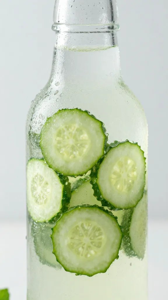 Closeup of a chilled bottle of cucumber mint lemonade with condensation on glass