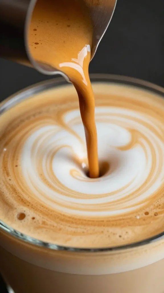 Macro shot of espresso pouring into horchata latte steam swirl
