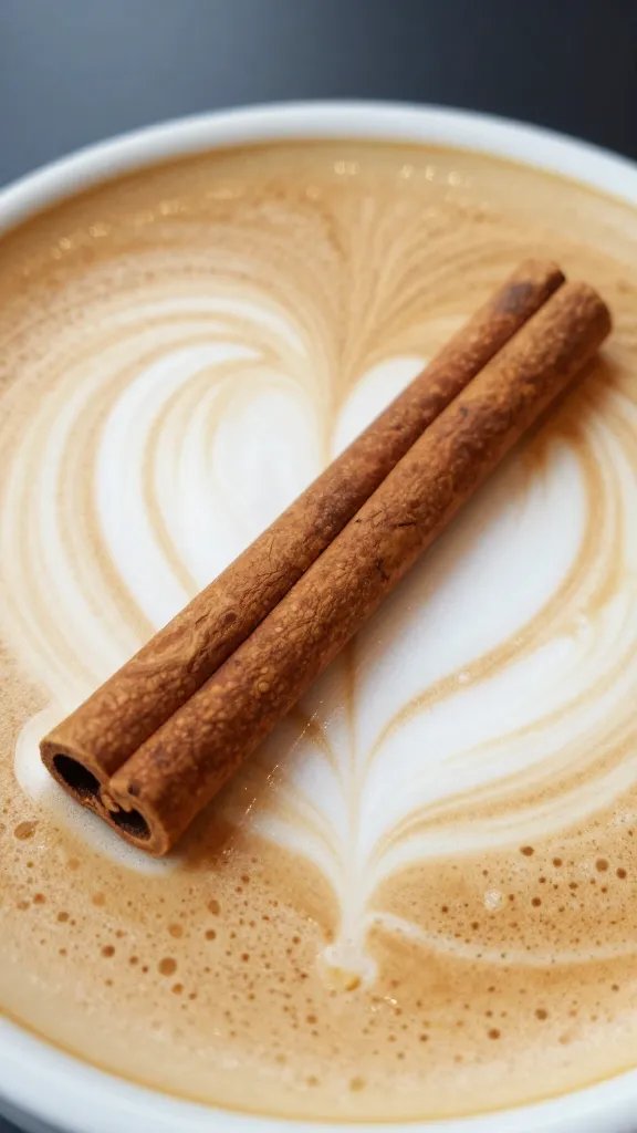 Focused shot of a single cinnamon stick resting on latte surface