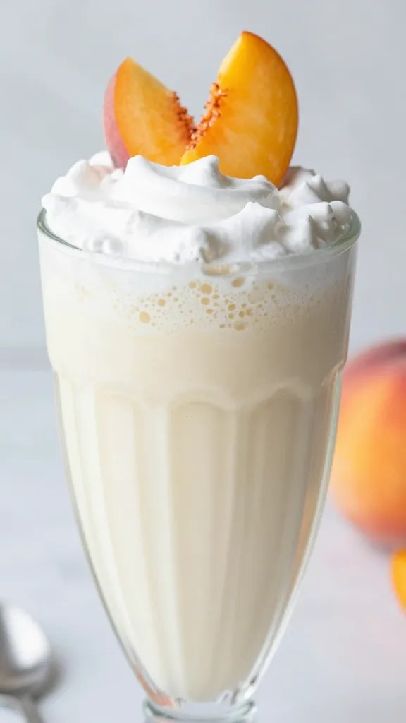 Closeup peach cobbler milkshake glass with peach slices garnish