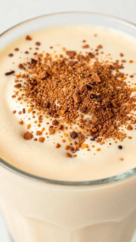 Closeup cinnamon sprinkle over peach cobbler milkshake surface