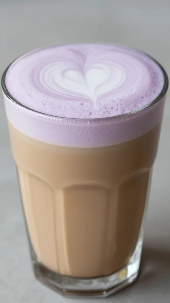 Closeup of honey-lavender latte in clear glass cup