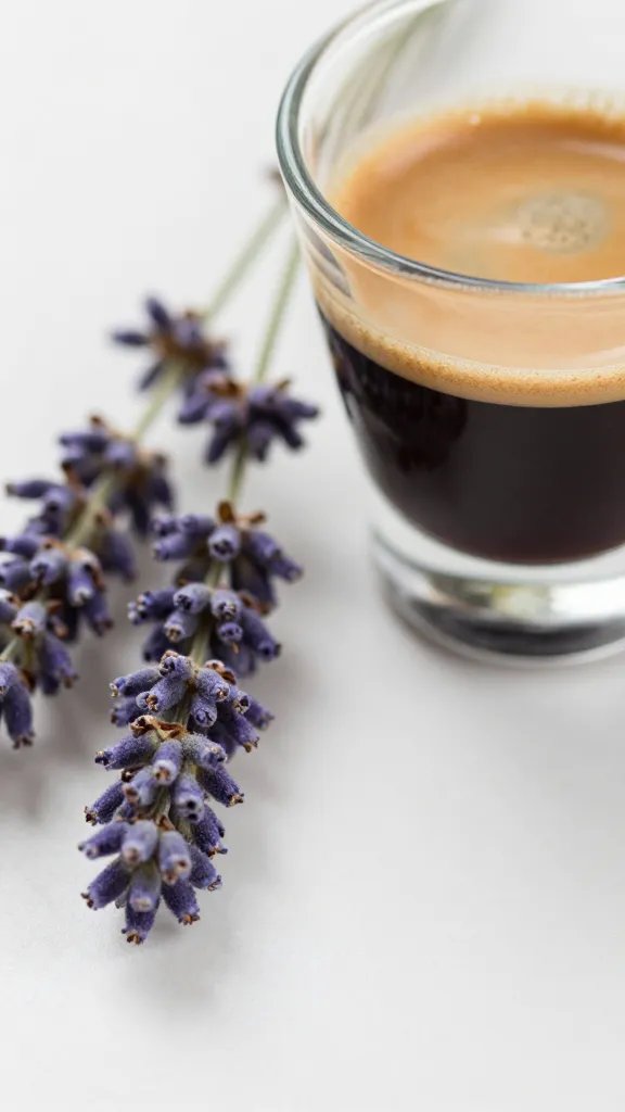 Closeup of lavender sprigs next to espresso shot
