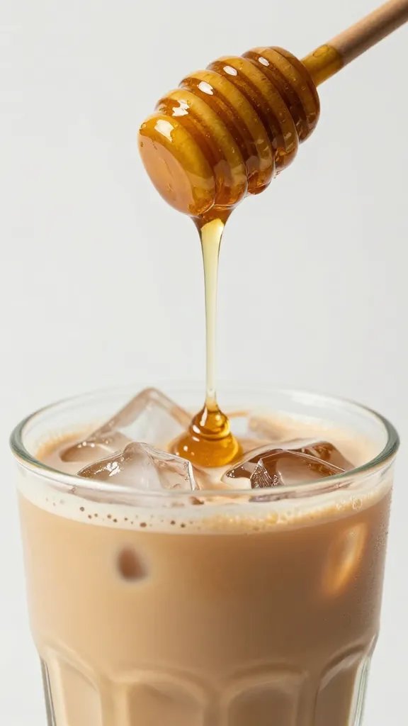 Closeup of honey dipper dripping into iced latte glass