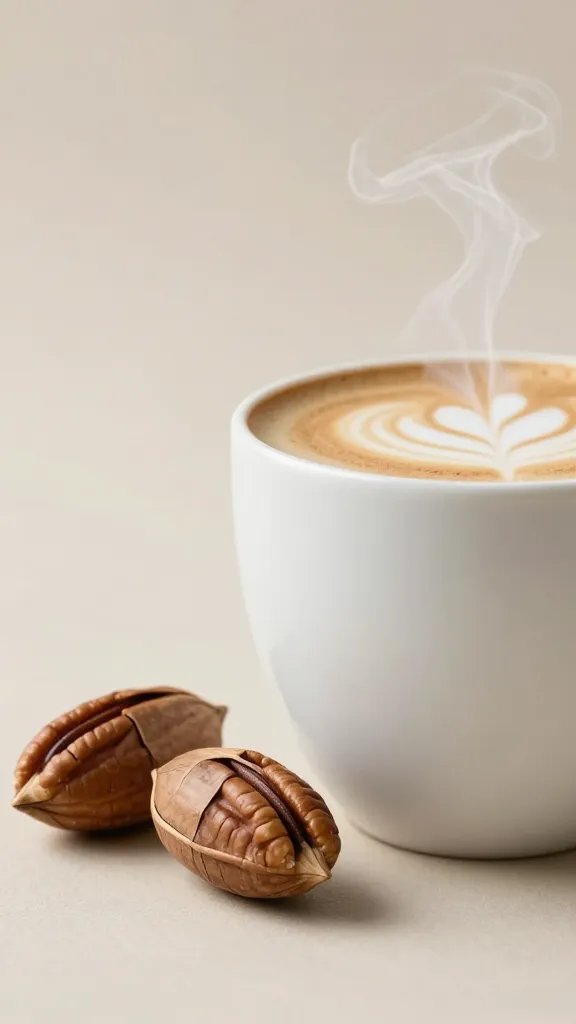 Focused shot of pecans beside a steaming latte cup on a neutral background