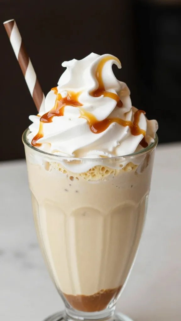 closeup of salted caramel cheesecake shake in tall frosty mug