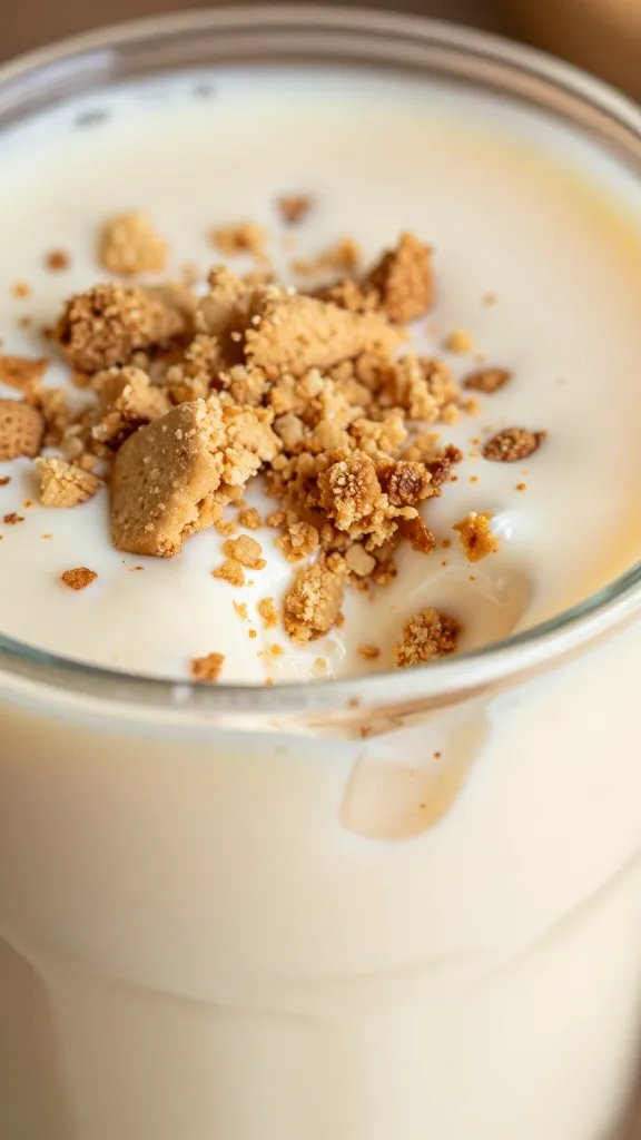 closeup of crushed biscuit crust visible through creamy shake glass