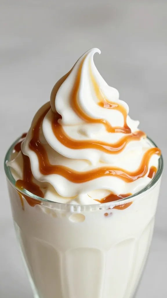 closeup caramel swirl on vanilla milkshake spooned into glass
