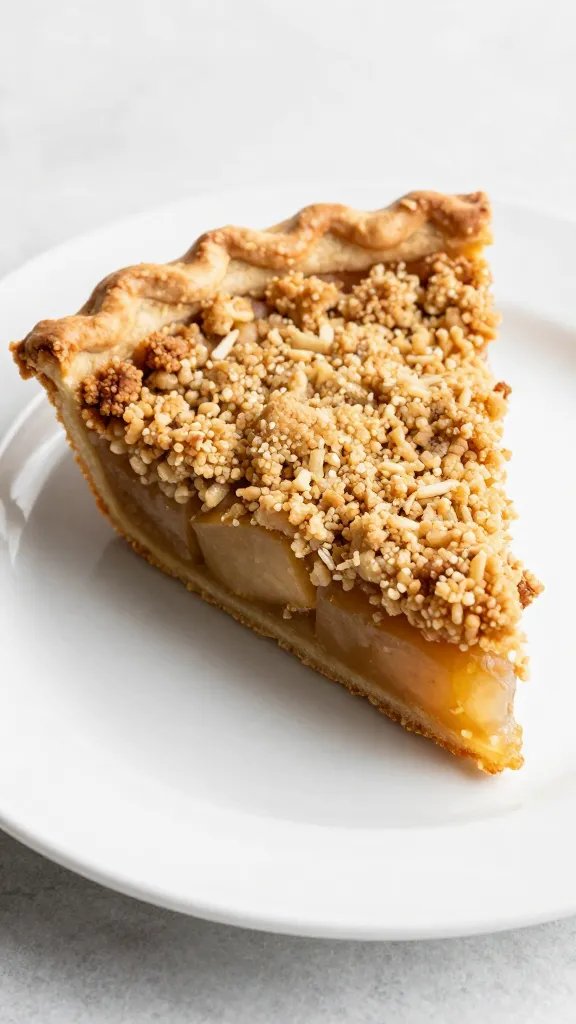 single slice of warm apple pie crust crumble on plate